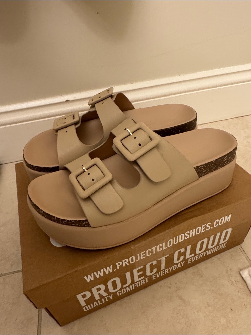 Women's Beige Platform Slide Sandals